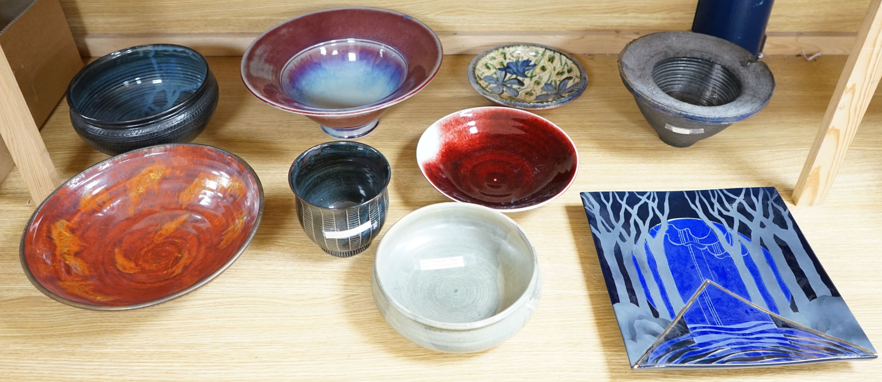 A group of studio pottery vases and dishes to include- 35cm